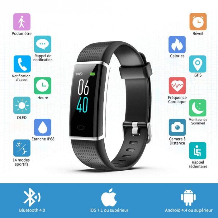 Bracelet Connecté Podometre,Fitness Tracker Écran Couleur avec Moniteur de  Fréquence Cardiaque/Etanche IP67/Moniteur de Sommeil/SMS/Contrôle Appareil  Photo/Notification de SMS APP pour Android iOS : : High-Tech